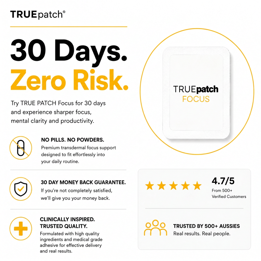 TRUE PATCH Focus Patch worn on the arm showing transdermal delivery, steady release, improved focus, concentration and mental performance.