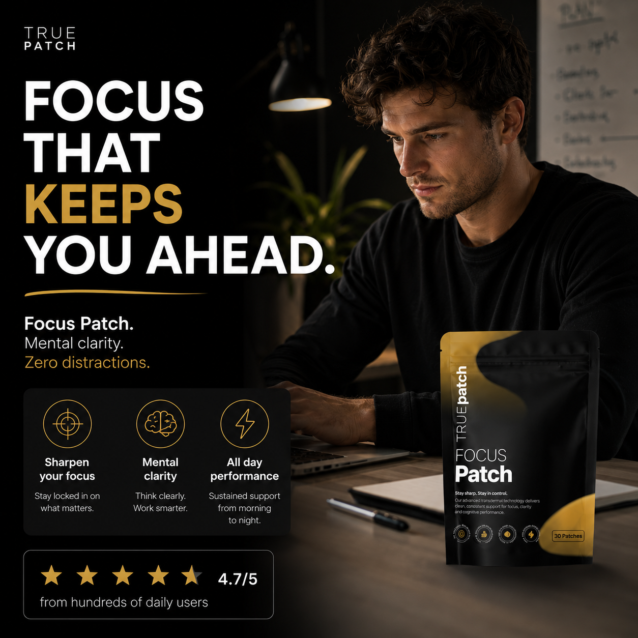 TRUE Patch Focus Patch lifestyle image showing sustained focus, mental clarity and productivity while working.