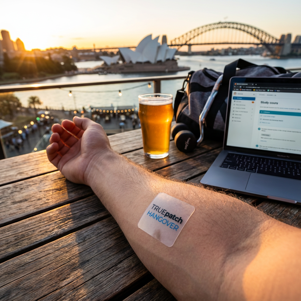 TRUE Patch Hangover Patch lifestyle image showing wearable hangover support while travelling in Sydney.